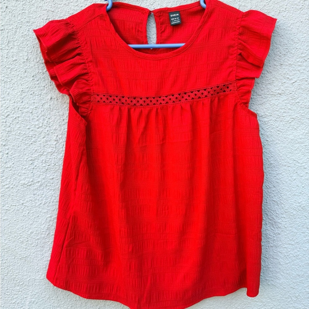 SHEIN Vibrant Red Blouse with Ruffle Sleeves, Size Large